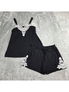 Soma Pajamas XS Black Cami Shelf Bra Top Shorts Lace Trim 2pc PJ Set